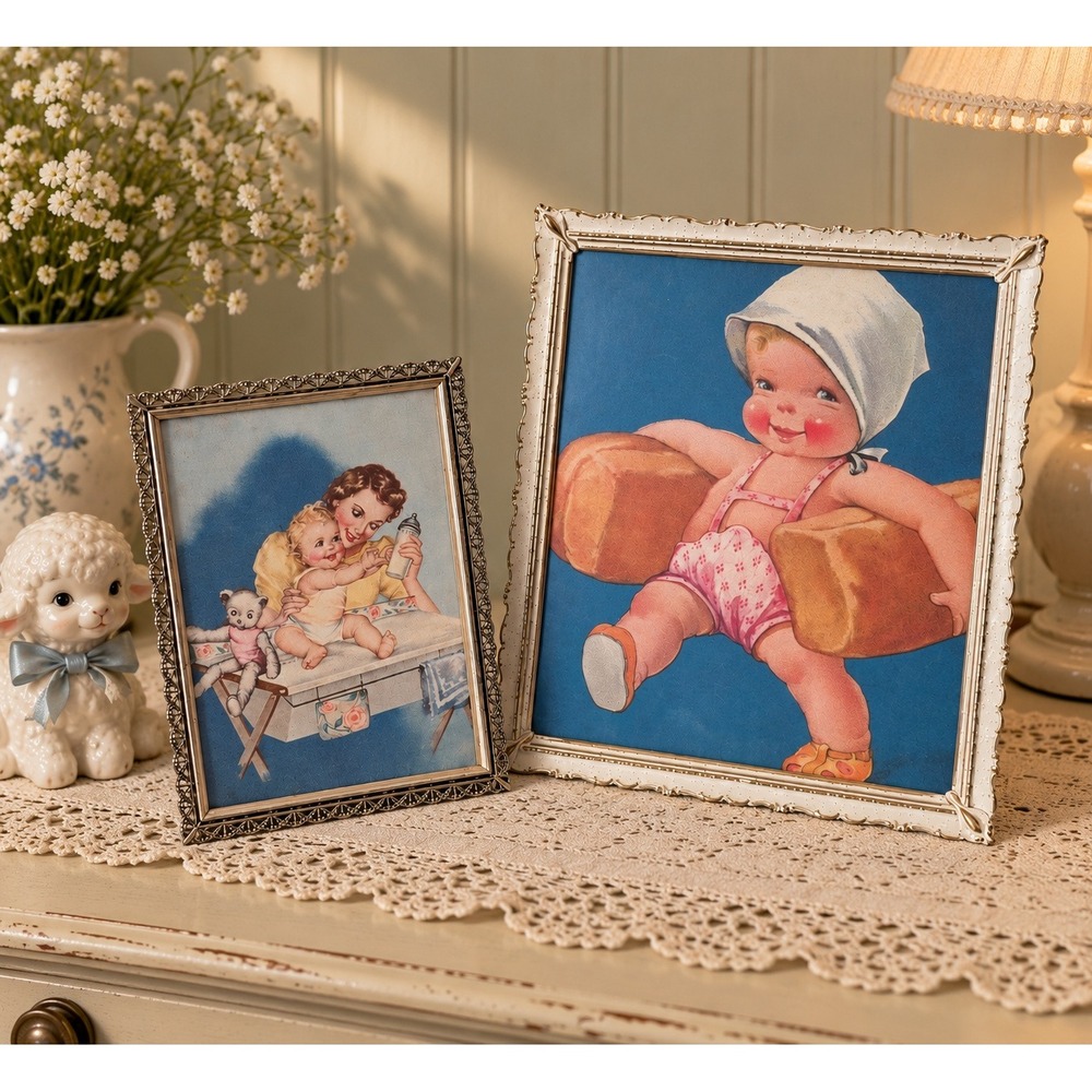 Vintage Charlotte Becker Baby Art Prints Set of 2 Nursery Gold Frames 1950s